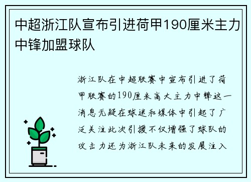 中超浙江队宣布引进荷甲190厘米主力中锋加盟球队 中超浙江队宣布引进荷甲190厘米主力中锋加盟球队